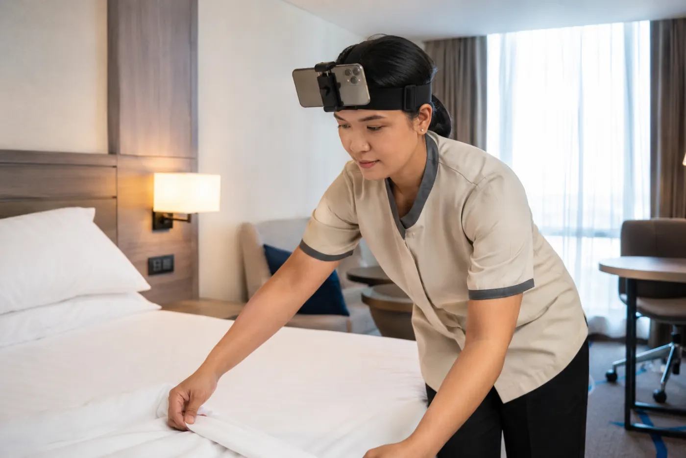A housekeeper making a hotel bed with a phone held in a head strap above their eyes, rear camera pointing down at their hands.