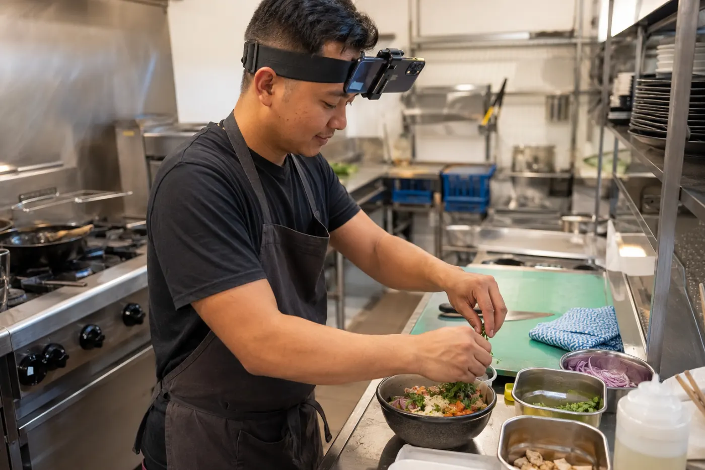 A cook plating food in a commercial kitchen with a phone held in a head strap, rear camera pointing down at their hands.