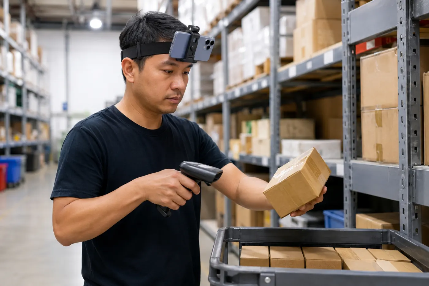 A warehouse worker scanning a parcel with a phone held in a head strap, rear camera pointing down at their hands.