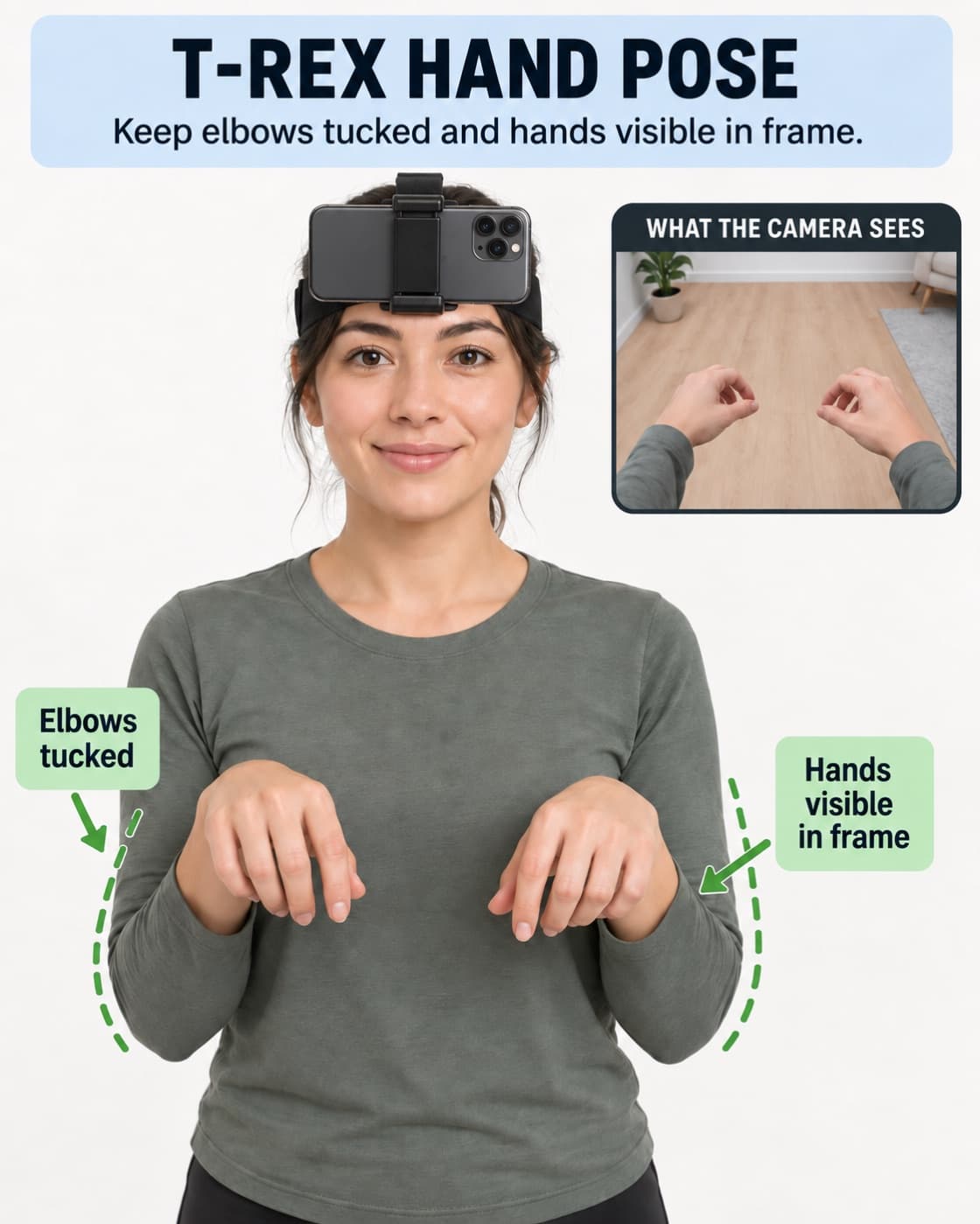 The T-rex pose: a person wearing a phone in a head strap, elbows tucked, both empty hands held up in front of the chest; an inset shows both hands in the camera's picture.