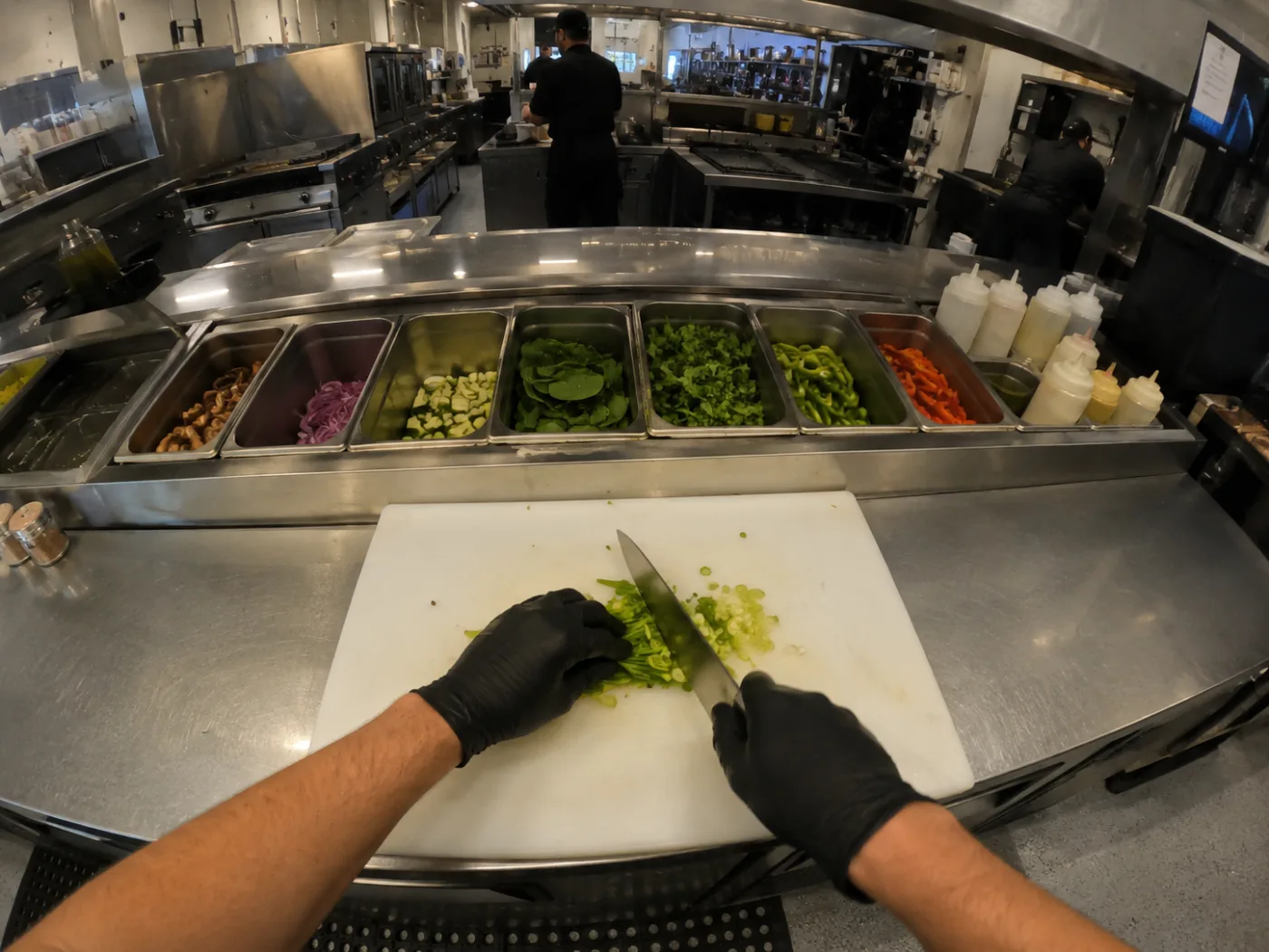 First-person view down at gloved hands slicing spring onions on a board in a commercial kitchen. No faces in frame.