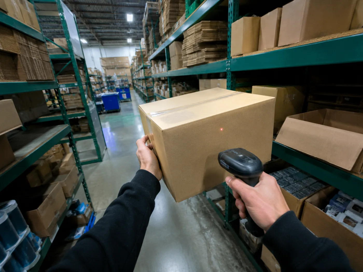 First-person view down at hands scanning a barcode on a box in a warehouse aisle. No faces in frame.