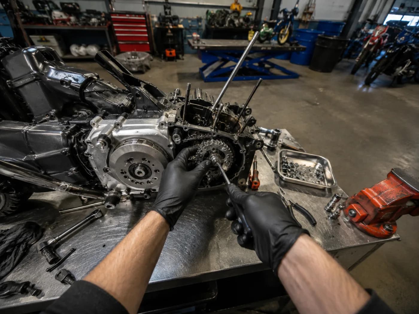 First-person view down at gloved hands working on a stripped engine with a screwdriver on a workshop bench. No faces in frame.
