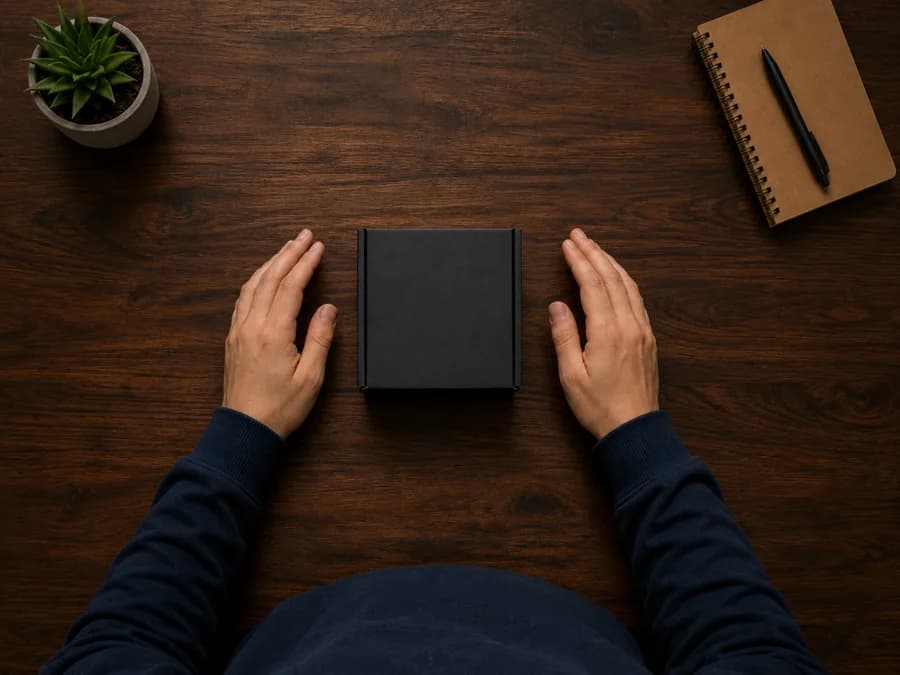 Overhead first-person view: both hands either side of a box on a desk, with the notebook and plant around it still visible.