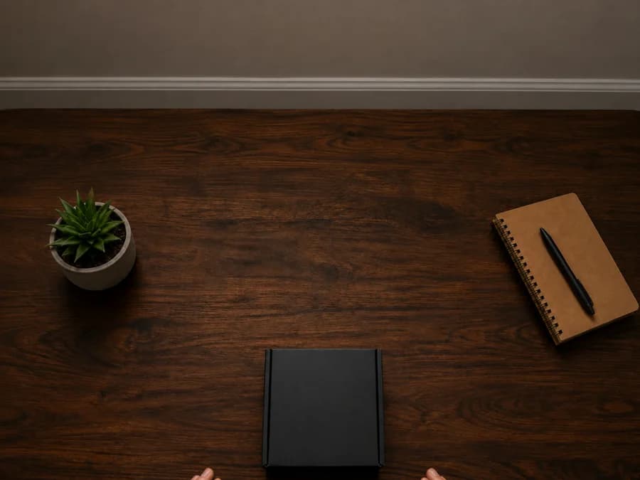 The same desk with the box in the middle of the frame, but both hands cut off below the bottom edge.