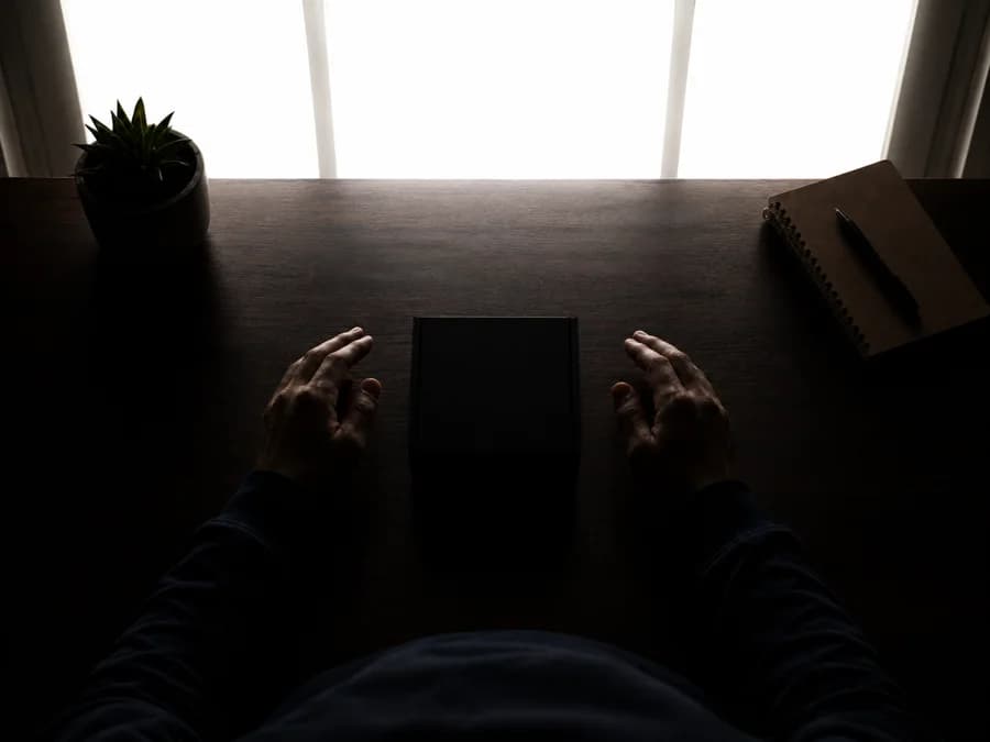 The same desk with a bright window directly behind it. The window is blown out white and the hands and box in front of it have fallen into near-silhouette.