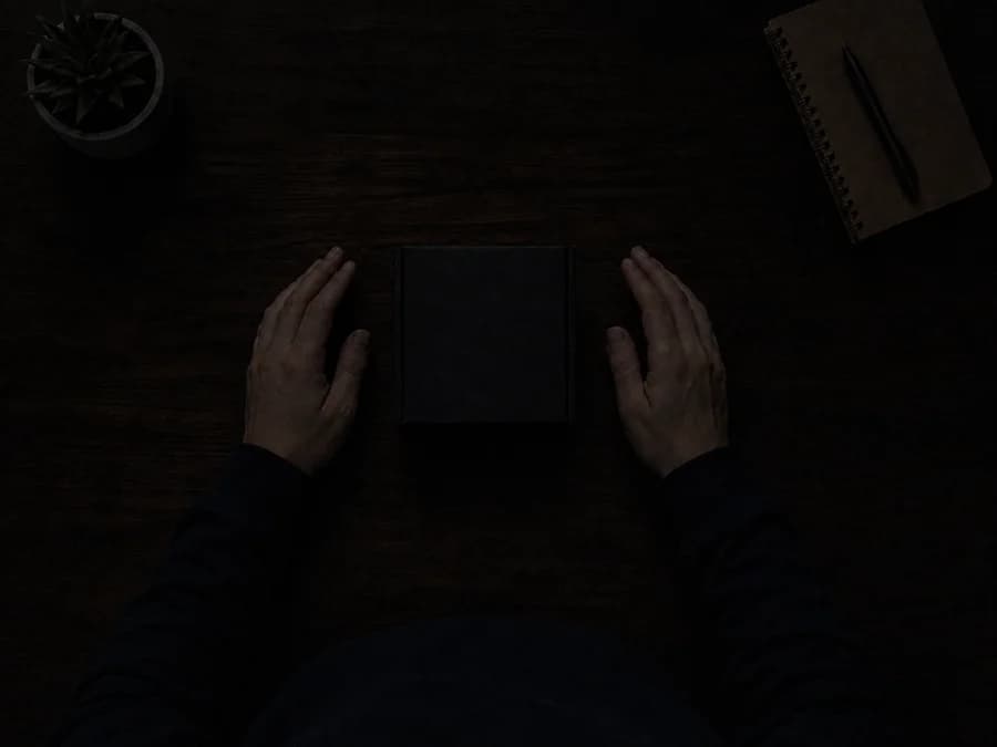 The same desk in near-darkness. The hands and box are only just distinguishable from the unlit surface around them.