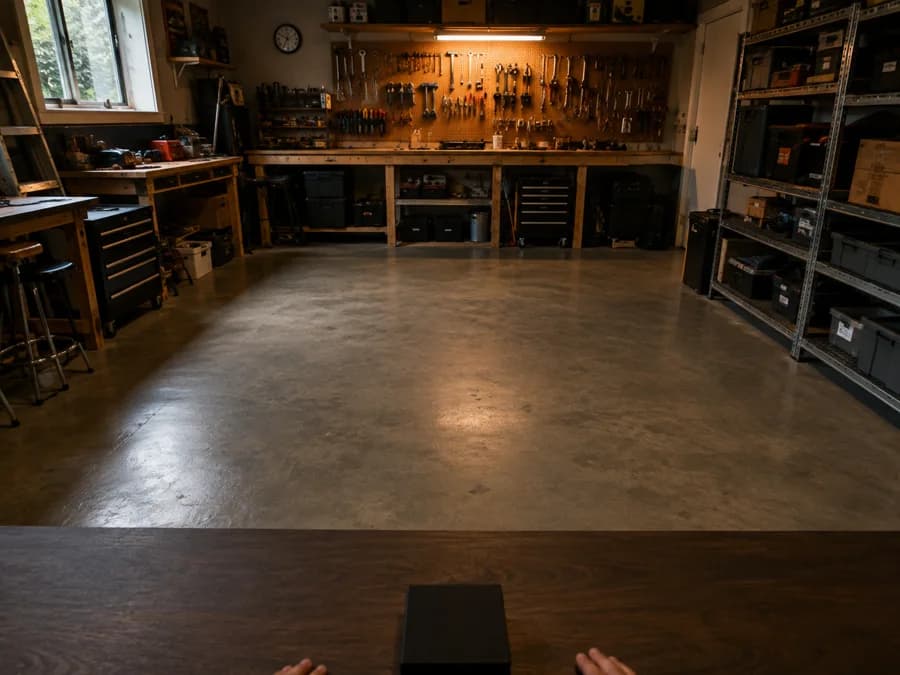 A whole workshop room fills the frame — bench, window, shelving — with the box and the fingertips only just visible along the bottom edge.