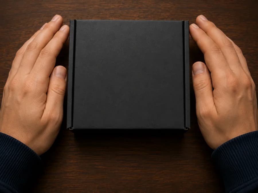 Both hands and the box fill the entire frame, with none of the surrounding desk visible.